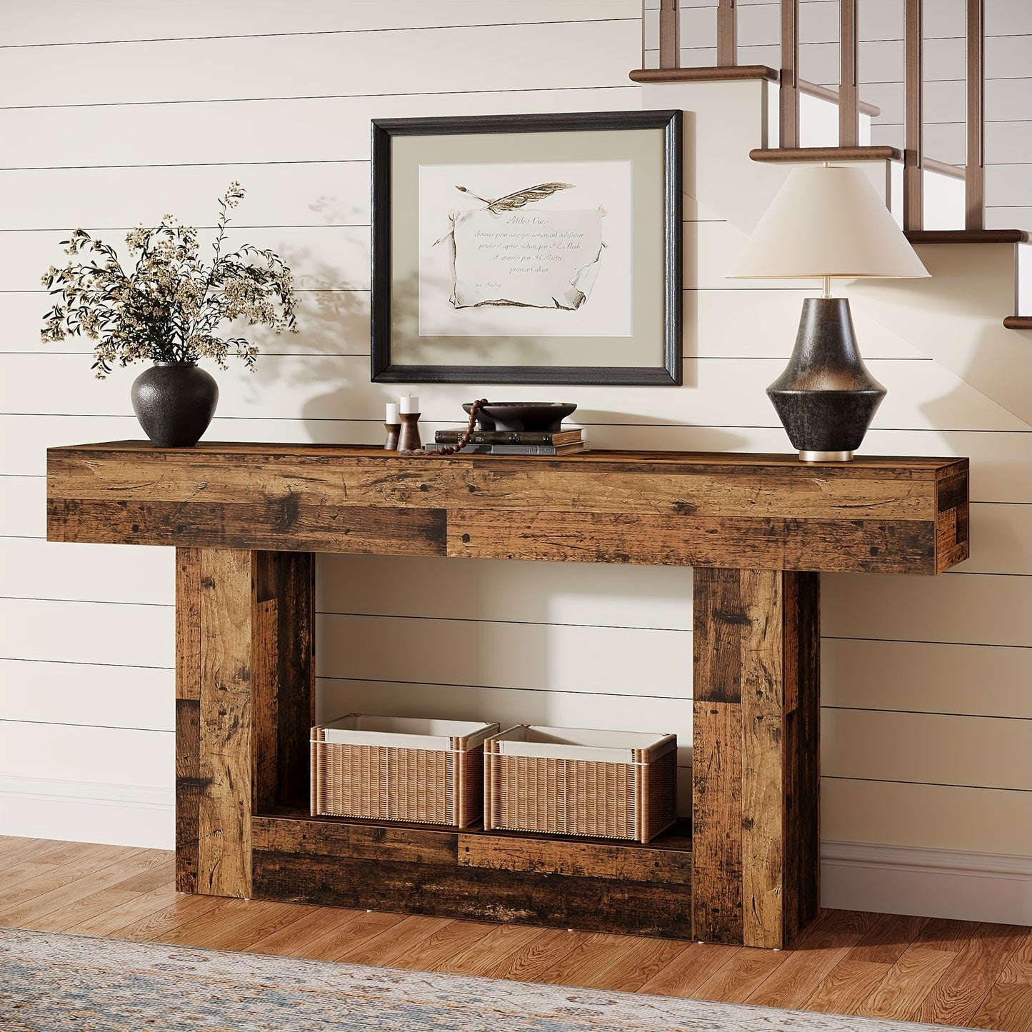 63-Inch Long Console Table, 2-Tier Entryway Table Sofa Table with Storage, Farmhouse Wood Behind Couch Table for Living Room, Hallway, Rustic Mixed Brown