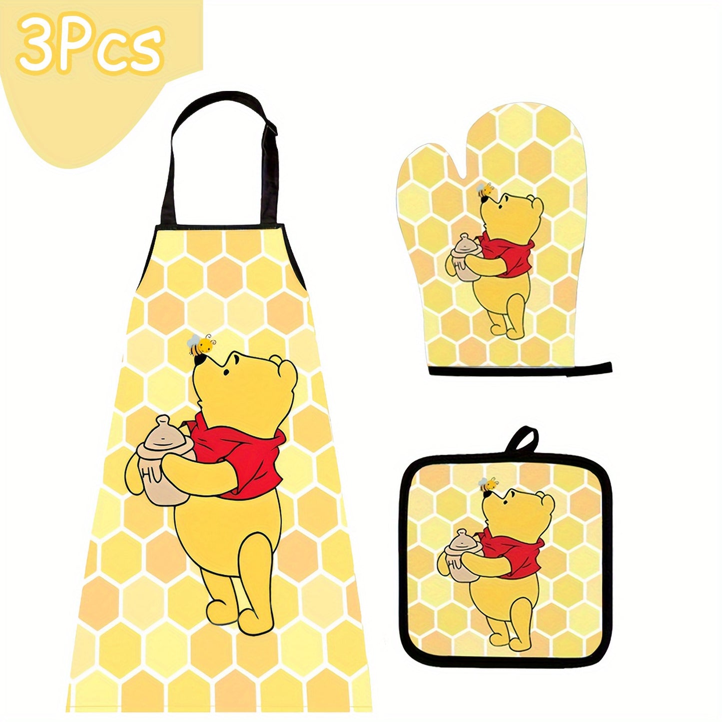 Winnie the Pooh Kitchen Set, including a cartoon apron, heat-resistant gloves, and a heat-resistant mat, bringing joy to your culinary creations.,  Playful Kitchenware, Cheerful Kitchen, Kitchen Gift Set