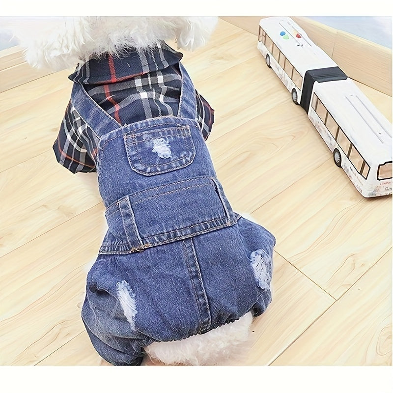 Internet Celebrity Autumn and Winter Fashion Brand Plaid Imitation Denim Pet Poodle Teddy Bear Bichon Frise  Dog Clothes