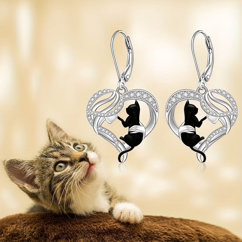 Black Cat Earrings for Women Cat Sterling Silvery Earrings Dangle Leverback Halloween Christmas Jewelry Cute Cats Gifts, Holiday Jewelry, Dangle Design, Bohemian Style, Synthetic Stone, Lightweight Earrings, Drop Earrings, St