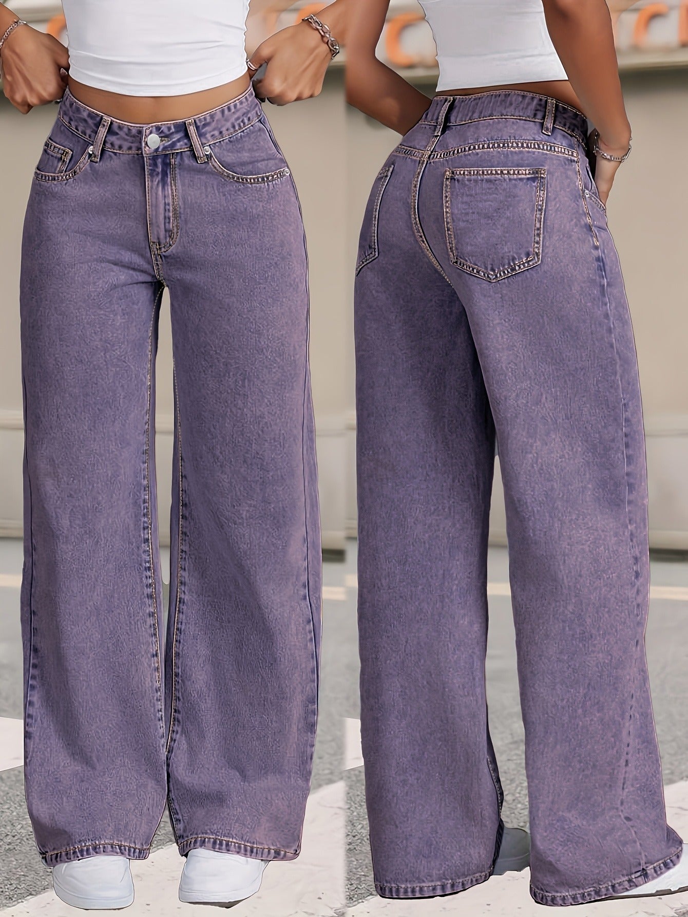 Women'S Plus-Size High-Waist Stretch Straight-Leg Jeans - Opaque Stretch Denim Fabric, Relaxed H-Line Fit with Built-In Zipper Closure, 7/8 Length Ankle, Purple & Light Blue Color Options - All-Season Casual & Formal Wear