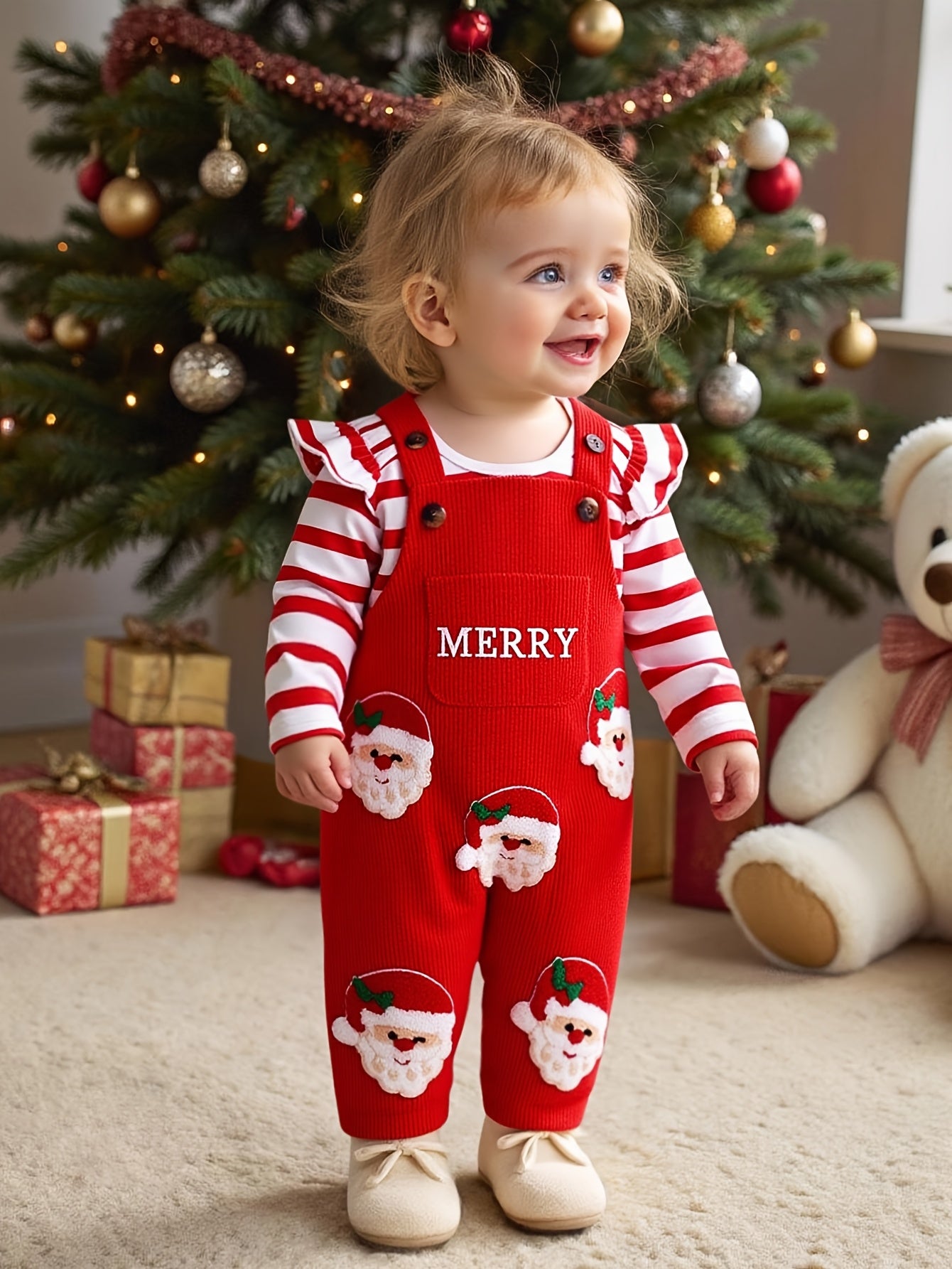 Baby Girl's Christmas Set - Red And White Striped Onesie, Santa Claus Embroidered Romper, with Hairband Included, Perfect for Outdoor