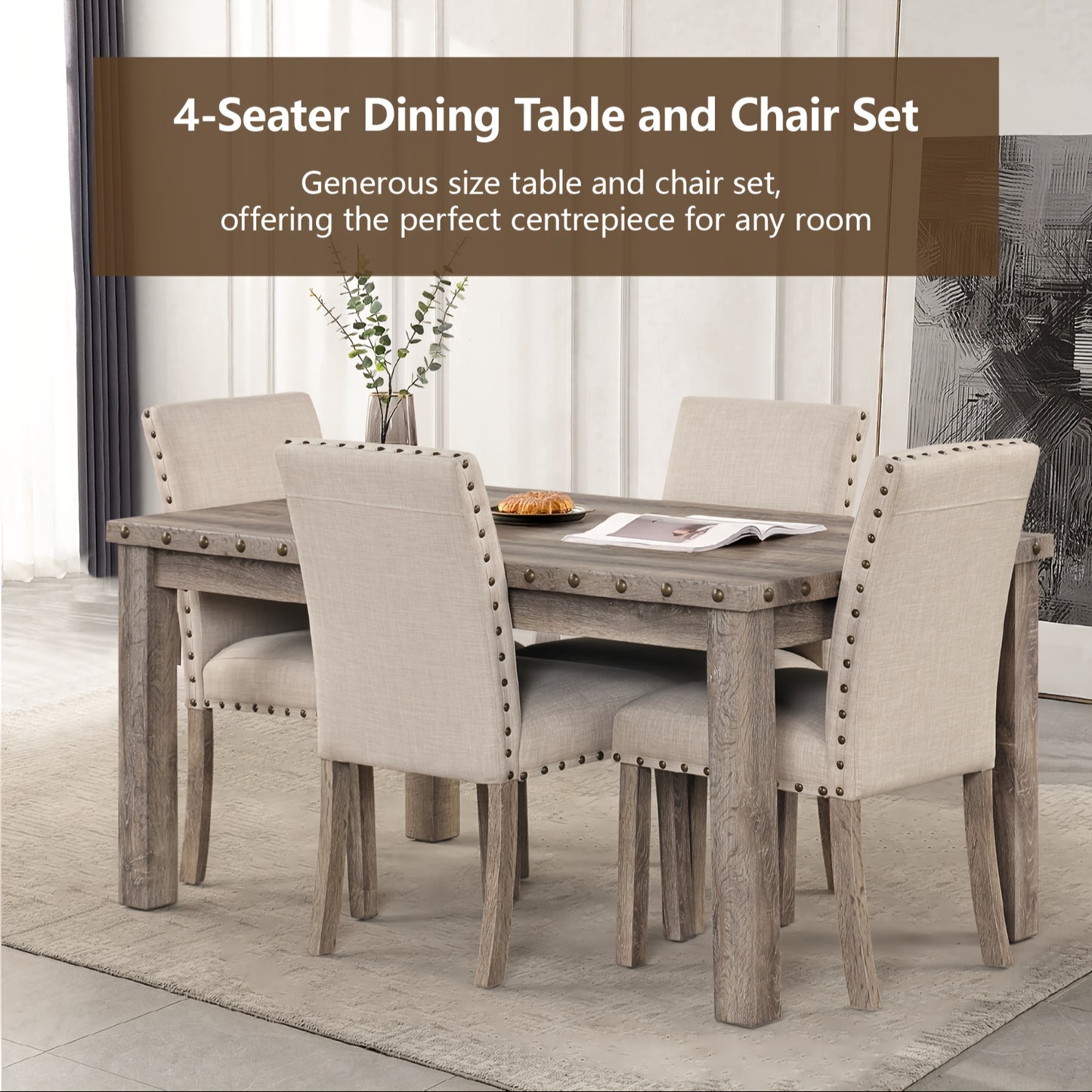 7/5pcs Rustic Modern Farmhouse Dining Table and Chair Set Suitable for Spacious Dining Rooms, Entertaining - Solid Wood & MDF Table with Sturdy Legs, Assembly, Wood Grain, Tableset for,, or Use