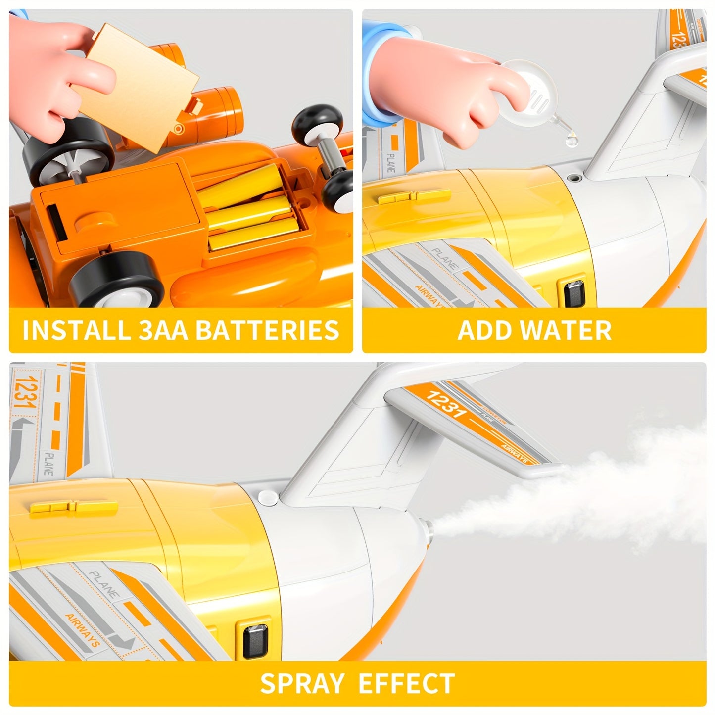 Educational Airplane with Steam Lights and 4 Cars in Yellow - Colorful Box Set