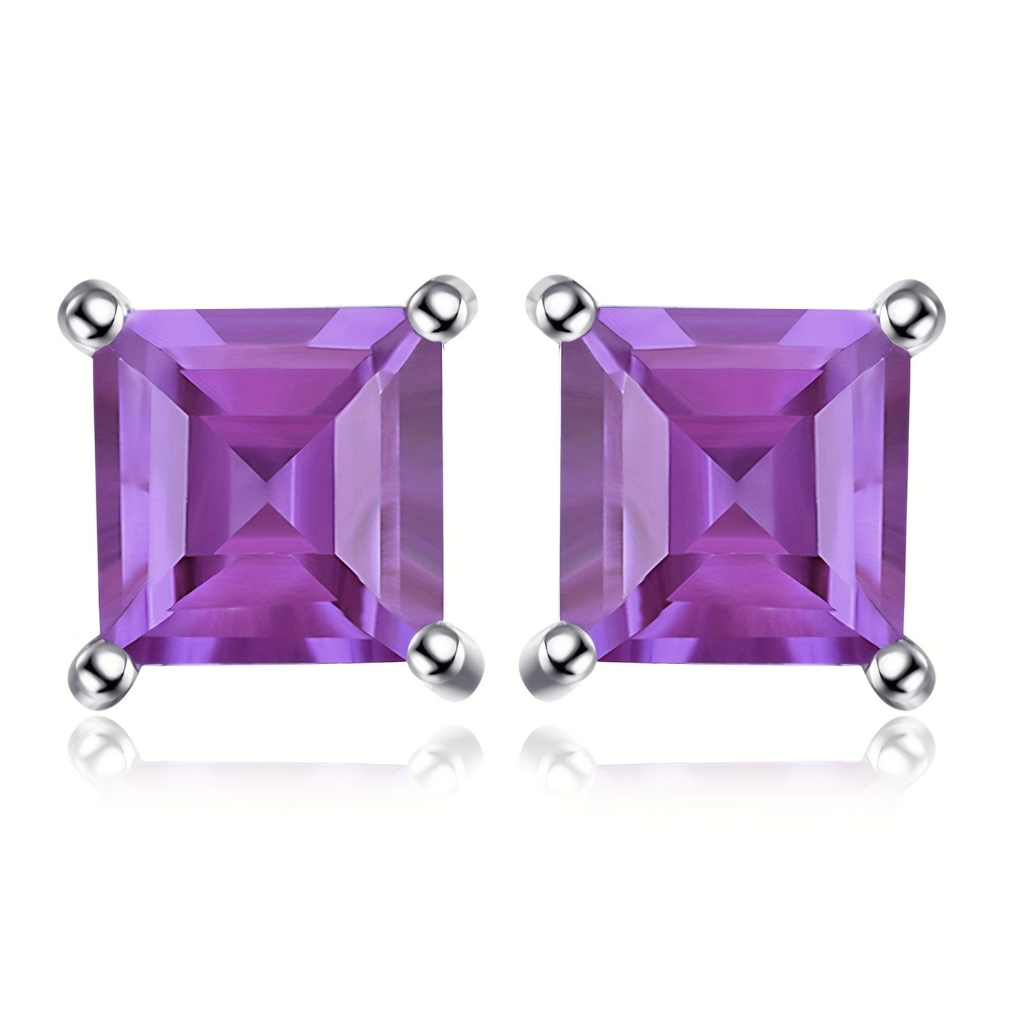 A Pair of 925 Sterling Silver Stud Earrings Featuring a Simple Yet Elegant Classic Design, Adorned with Exquisite Multi-Faceted Square Cut Natural Gemstones Including Amethyst, Citrine, Garnet, Peridot, Topaz, Created, Sapphi