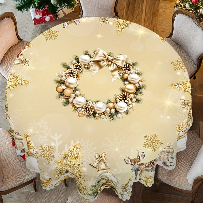 1pc Golden Christmas Happy Theme Printed Tablecloth, Retro Farmhouse Style, Snowman, Elk, Christmas Tree Pattern Design, Christmas, New Year Party, Party Decoration, Kitchen Accessories, Room and Outdoor Decoration, Gift for