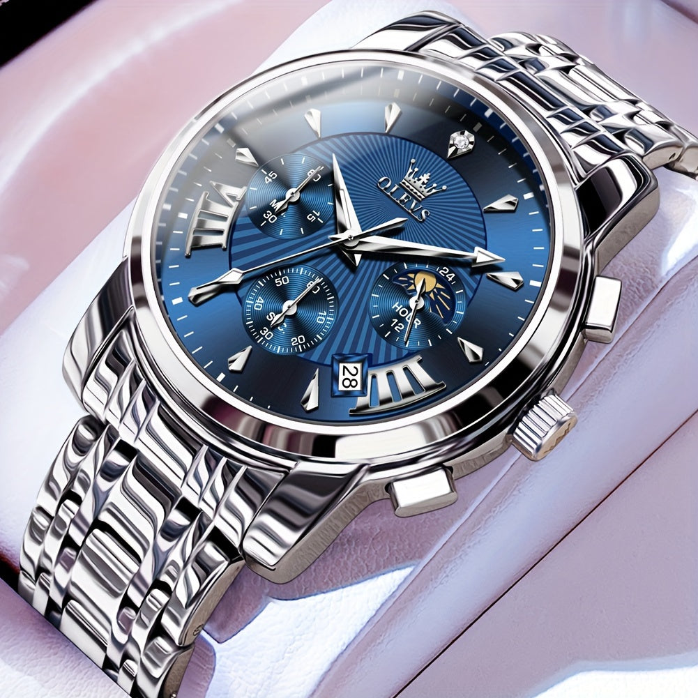 OLEVS Watch for Men Chronograph Stainless Steel Case Analog Quartz Fashion Business Dress Large Face Men Watch Day Date Luminous Casual Male Wrist Watch, Office Accessory, Casual Attire, Classic Design, Elegant Timepiece, Hig
