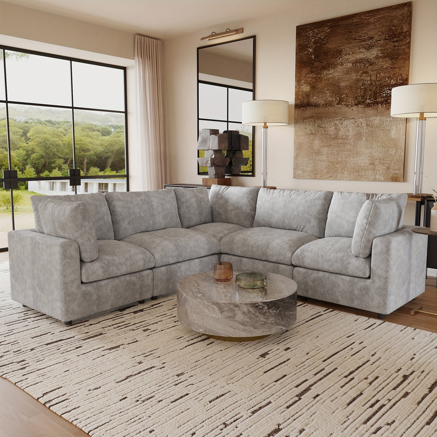 Modular Sectional Sofa Cloud Couch, Oversized 5 Seater Sofa with Ottoman, Extra Large V Shaped Deep Seat Sectional Couches for Living Room, Sofa Covers Washable&Removable
