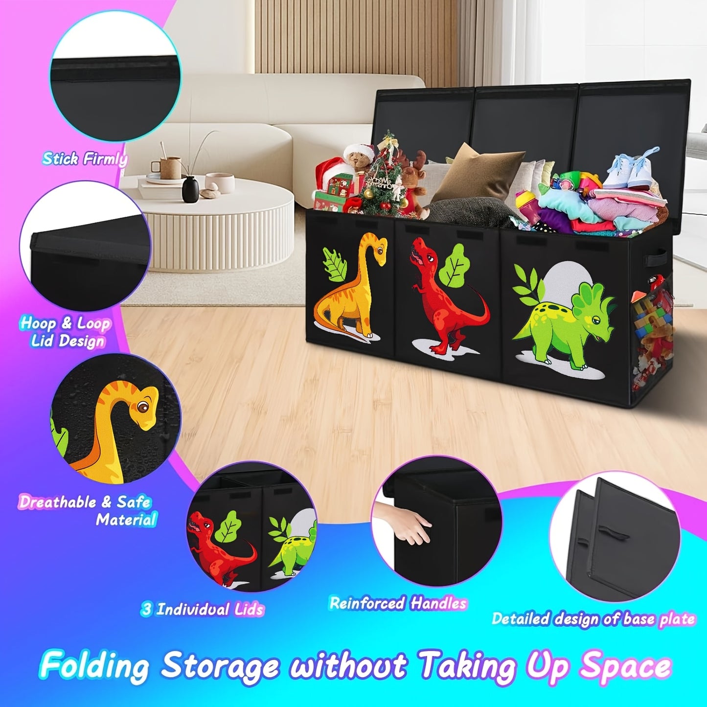 Extra Large Collapsible Toy Box with Lids - Sturdy Storage Organizer for Toys, Black Pink Chest Bin for 14+ Boys & Girls, Perfect for Playroom, Bedroom, Nursery, Toy Storage Organizer, Playroom Organizer - Vibrant Illustratio