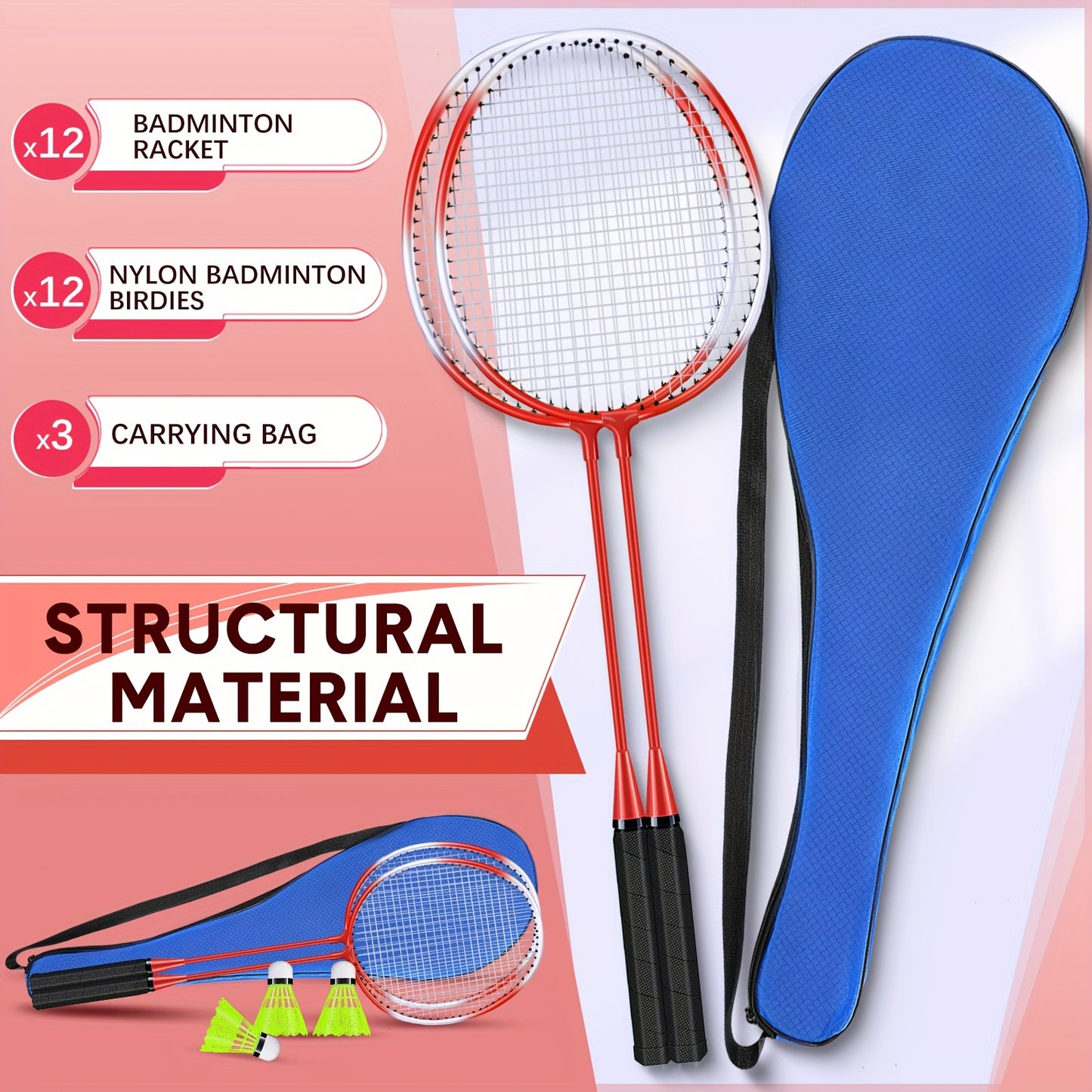 12 Pack Badminton Rackets Set Including Rackets, Nylon Shuttlecocks And Carry Bag for Outdoor Backyard Games Beginners