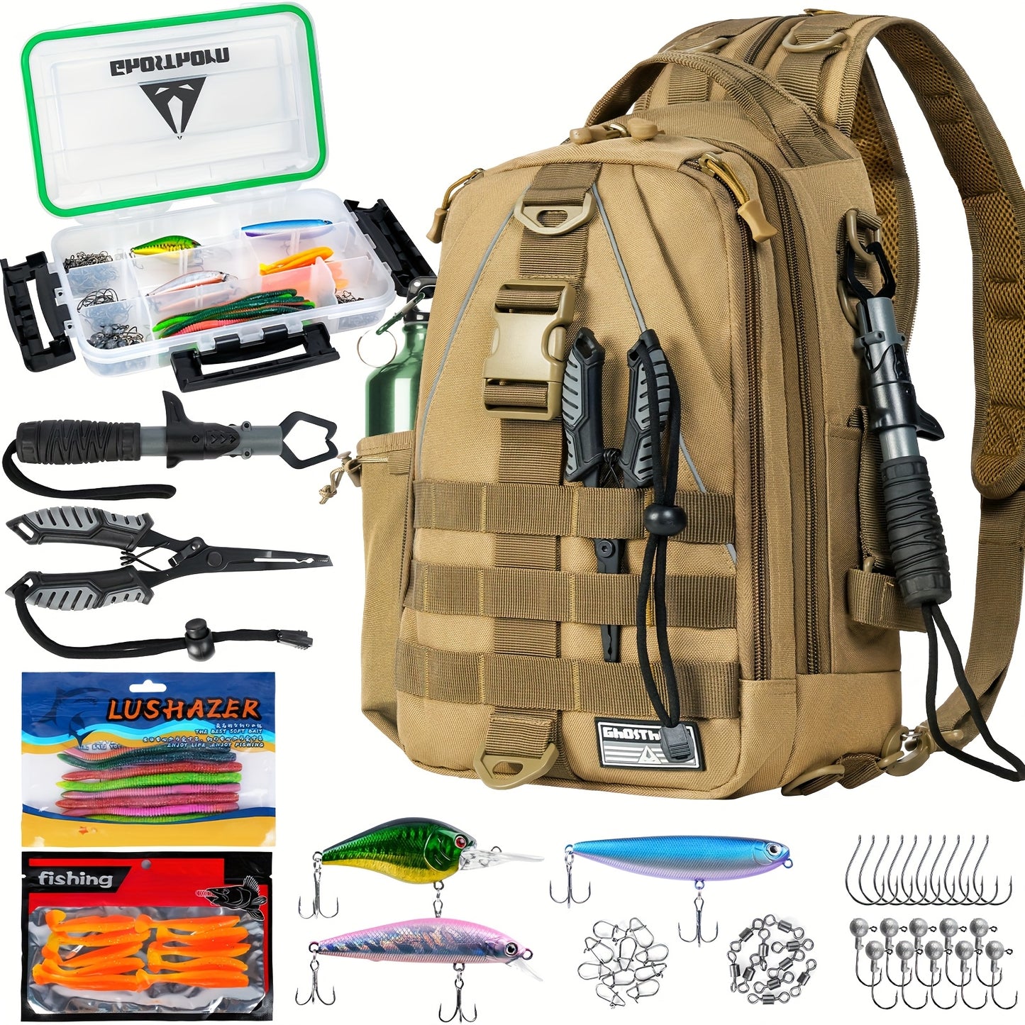 Ghosthorn Fishing Backpack with Tackle Boxes, High Quality Sling Tackle Bag for Fishing Gear with Rod Holder, Gifts for Men, Outdoor Fishing Accessory, Fishing Gear Storage, Sling Pack With Rod Holder, All-In-One Fishing Kit,