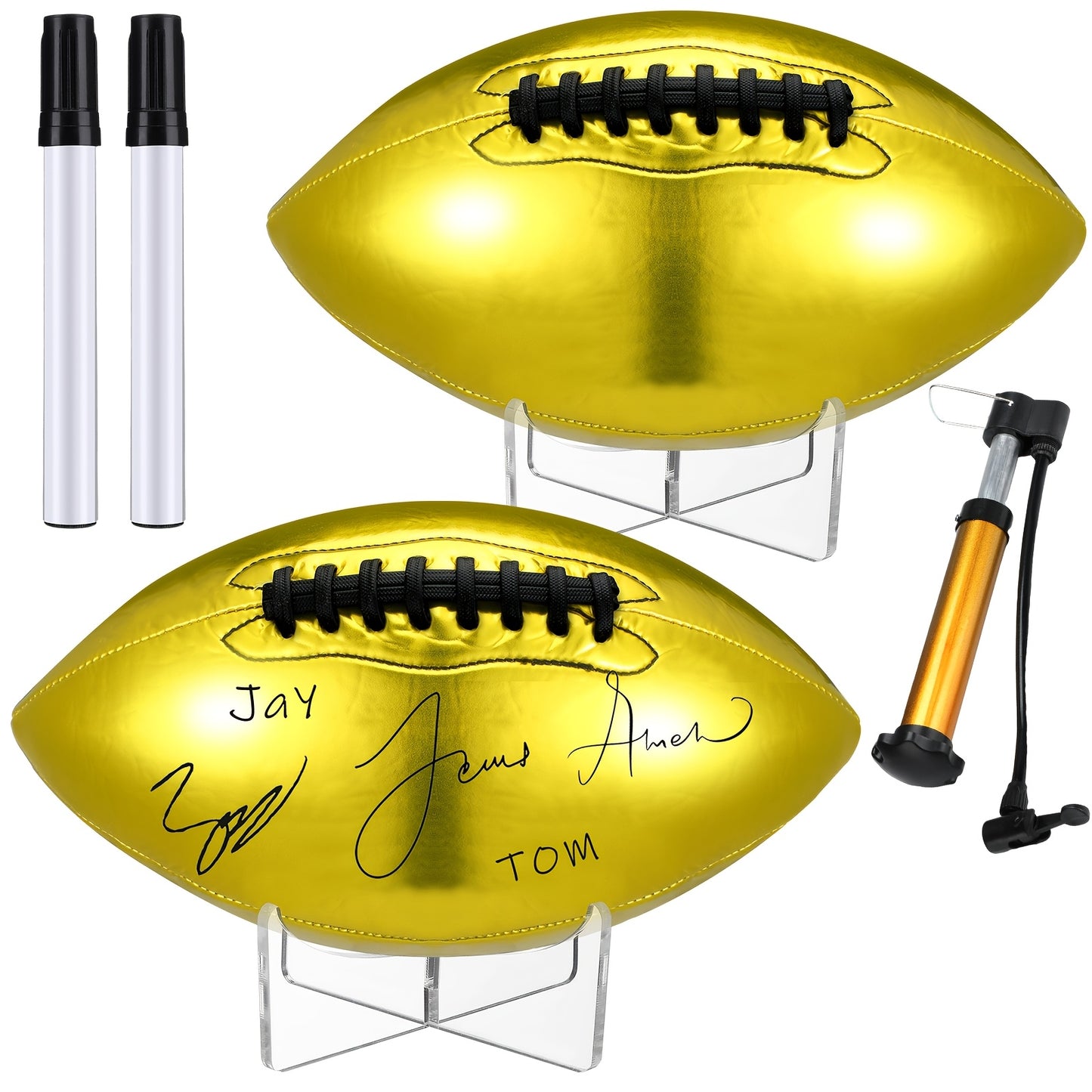 2pcs Autograph Football Basketball Blank Official Size |, Yellow, Includes 2 Stands, 2 Signature Pens, 1 Pump for Fantasy Trophy Anniversary Birthday Graduation