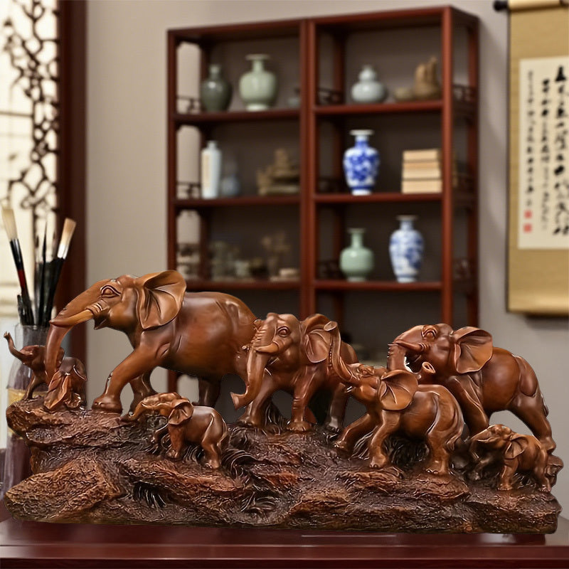 1pc Auspicious Elephant Group Ornament - Resin Figurine with 6 Adorable Elephants, Perfect for Living Room, TV Cabinet, Wine Cabinet, Office Decor - Ideal Housewarming Gift, Indoor & Outdoor Use, No Electricity Needed, Elepha