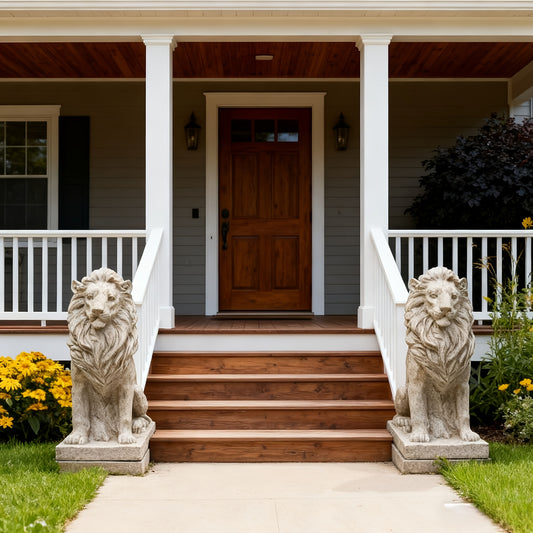 15in Large Metal Lion Statue - Majestic Sitting Lion Sculpture, Ornate -Standing Lion Cub Guardian for Garden,, Villa Entrance - Outdoor/ Animal Statue, Christmas Housewarming Gift (Durable Metal Lion Figurine)