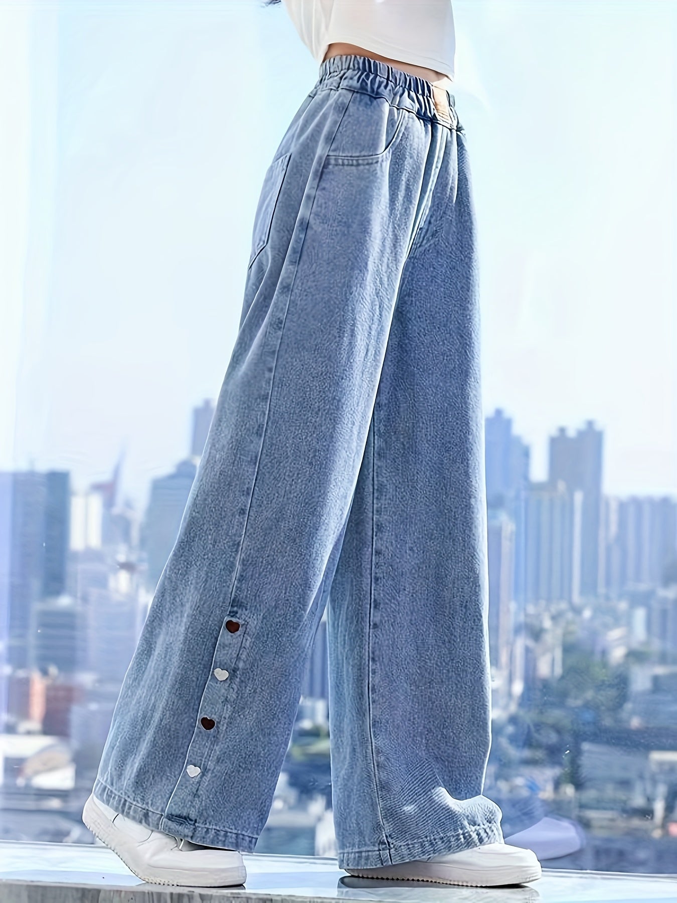 Trendy Straight-Leg Faux Denim for Big Boys And Girls; Latest Style Wide-Leg Trousers; Natural Faux Denim for Casual Wear in Spring And Summer