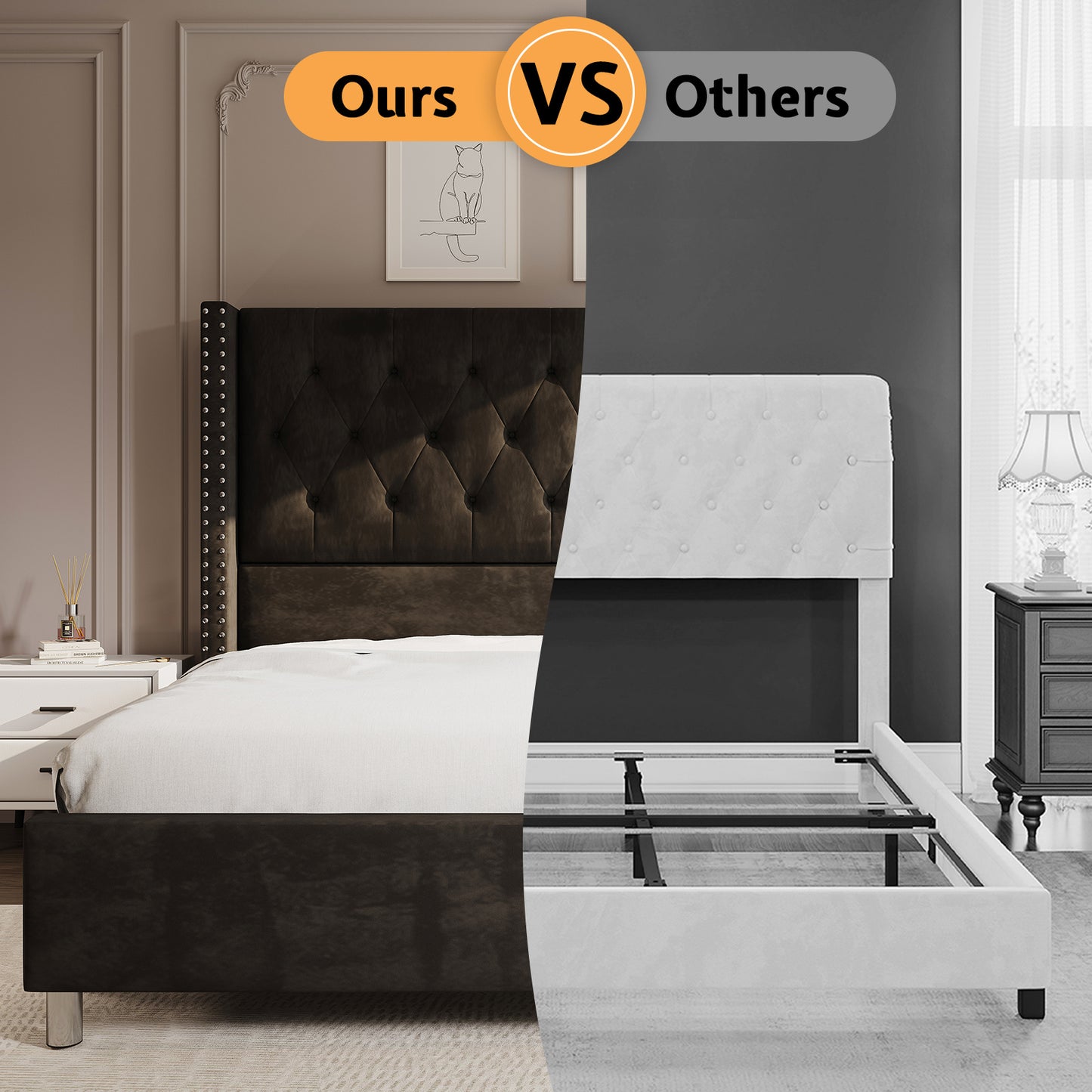 ALBOTT Modern Luxury Queen/King Size Upholstered Platform Bed Frame with 50" Tall Wingback Headboard - Dark Brown/Black Velvet, Button Tufted & Nailhead Trim, Sturdy, No Box Spring, Easy Assembly (Queen/King