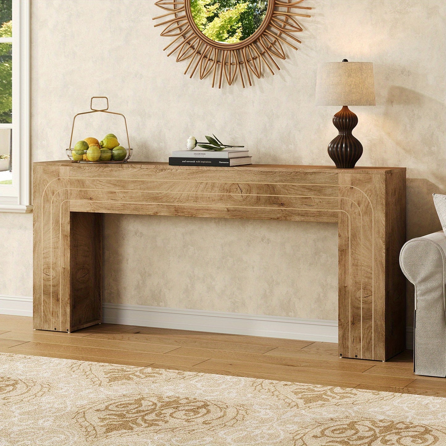 70.9" Modern Farmhouse Console Table Narrow Entryway Table with Handcrafted Line Design - Wood Grain MDF/ Sofa Table Suitable for Hallway, Living Room, Behind Couch - Space-Saving Assembly-Friendly Furniture