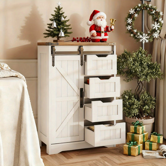 Farmhouse Bathroom Floor Storage Cabinet | 4 Small Drawers for Easy Sorting, Hardwood, White, VABCHES