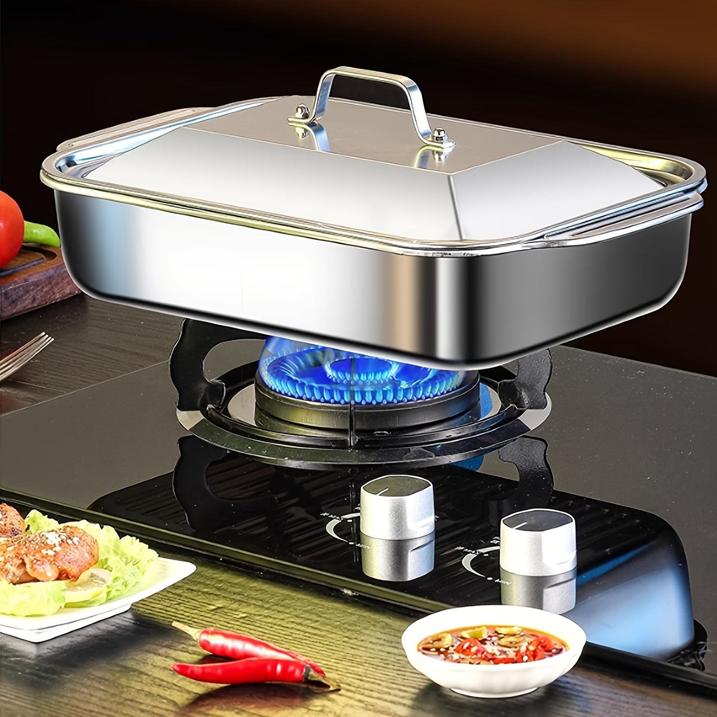 4pcs Set of 2 Deep Dishes and 2 Handle-Lid Stainless Steel Rectangular Baking Pans with Metal Lids - 6L Capacity, 16.14-Inch Deep Roasting Pan Fish Grill Tray Lasagna Dish, Dishwasher Safe, Men's Gift for Father’s Day, Best