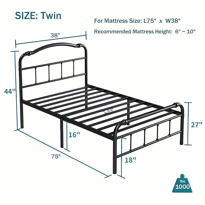 Queen Size Bed Frame with Headboard and Footboard | 18 Inches High, 3500 Pounds Heavy Duty Metal Slats, No Box Spring Needed, Noise-Free, Black, Contemporary Style, Metal Material, Assembled