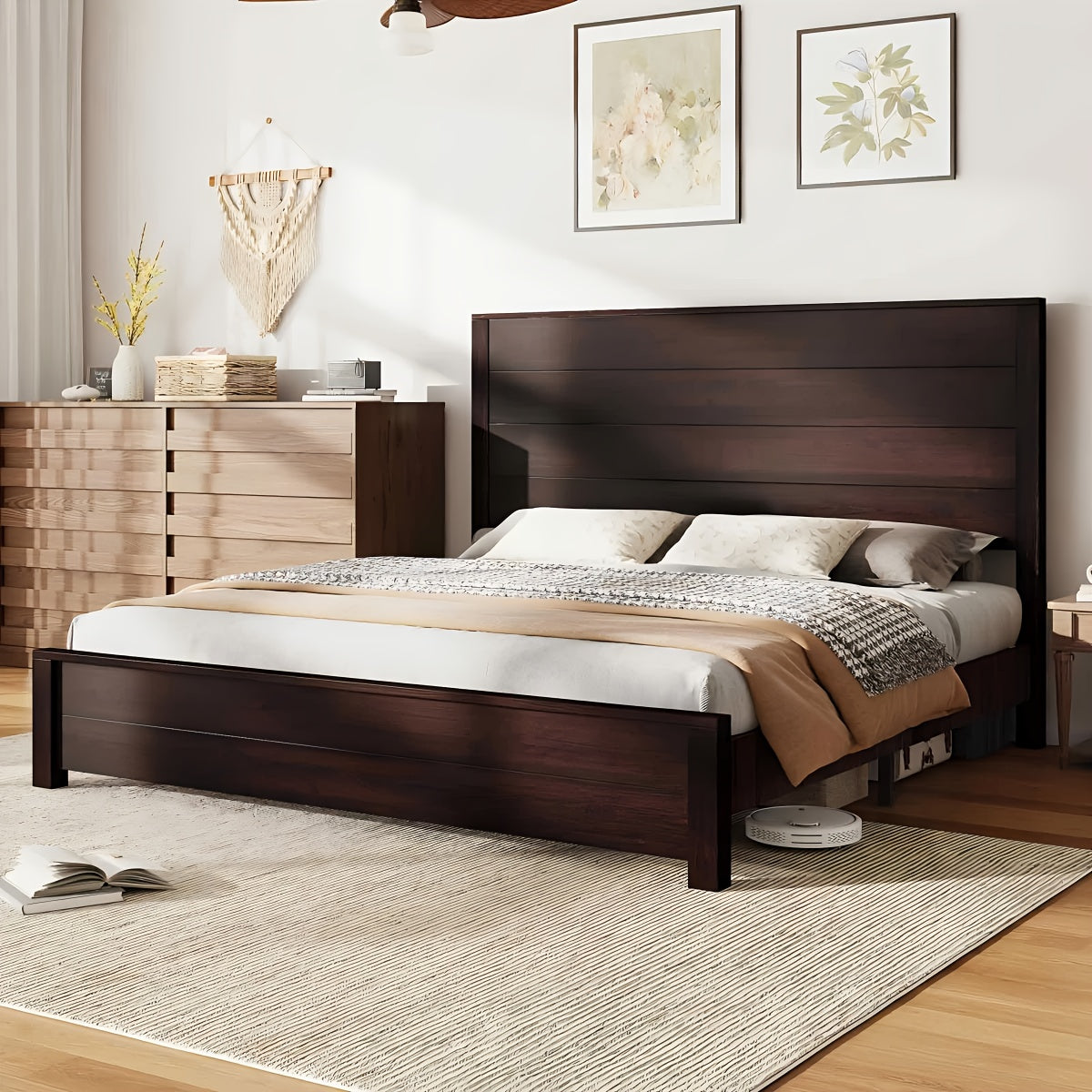 Wooden Platform Bed Frame Featuring a Joined Headboard, Rustic Style, Silent Wood Slat Support, And Does Not Need a Box Spring