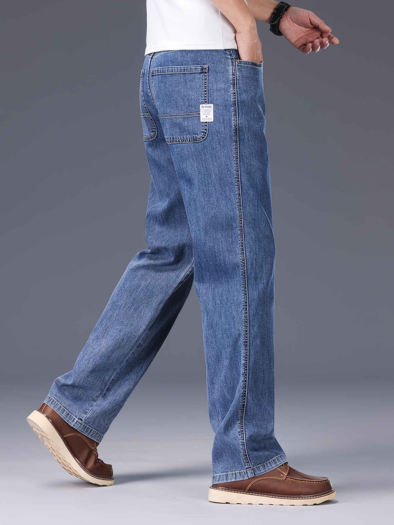 Men's Lyocell Stretch Denim Straight-Leg Jeans - All-Season Business Casual Pants with Button Detail, Machine Washable, Classic Regular Fit & Solid Color Design, Versatile for Office & Casual Attire, Durable Fabric Pants, Tim