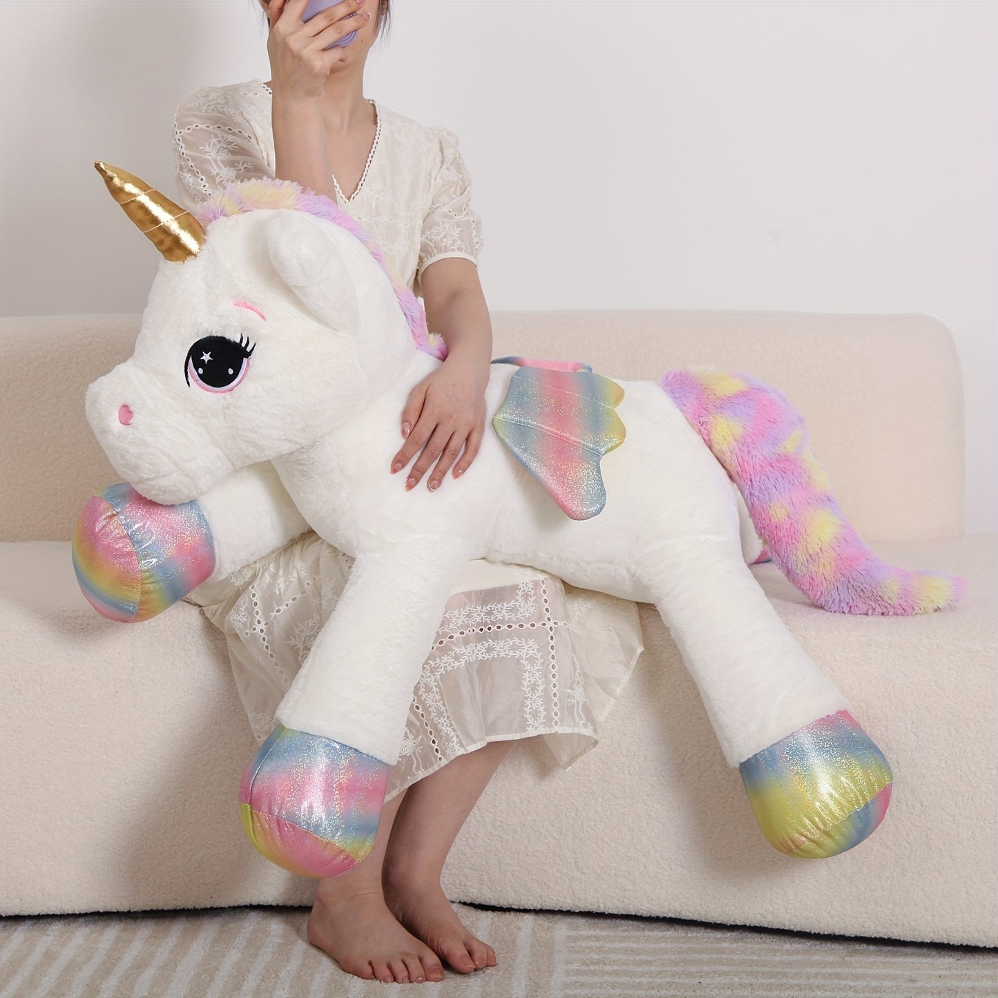 44" Giant White Unicorn Plush Toy - Soft & Cuddly Stuffed Animal with Rainbow Mane, Perfect Birthday, Christmas, or Halloween Gift for Youngsters, Girlfriend, or Boys, Cozy Body Pillow | Playful Design, Best for Christmas, Pe