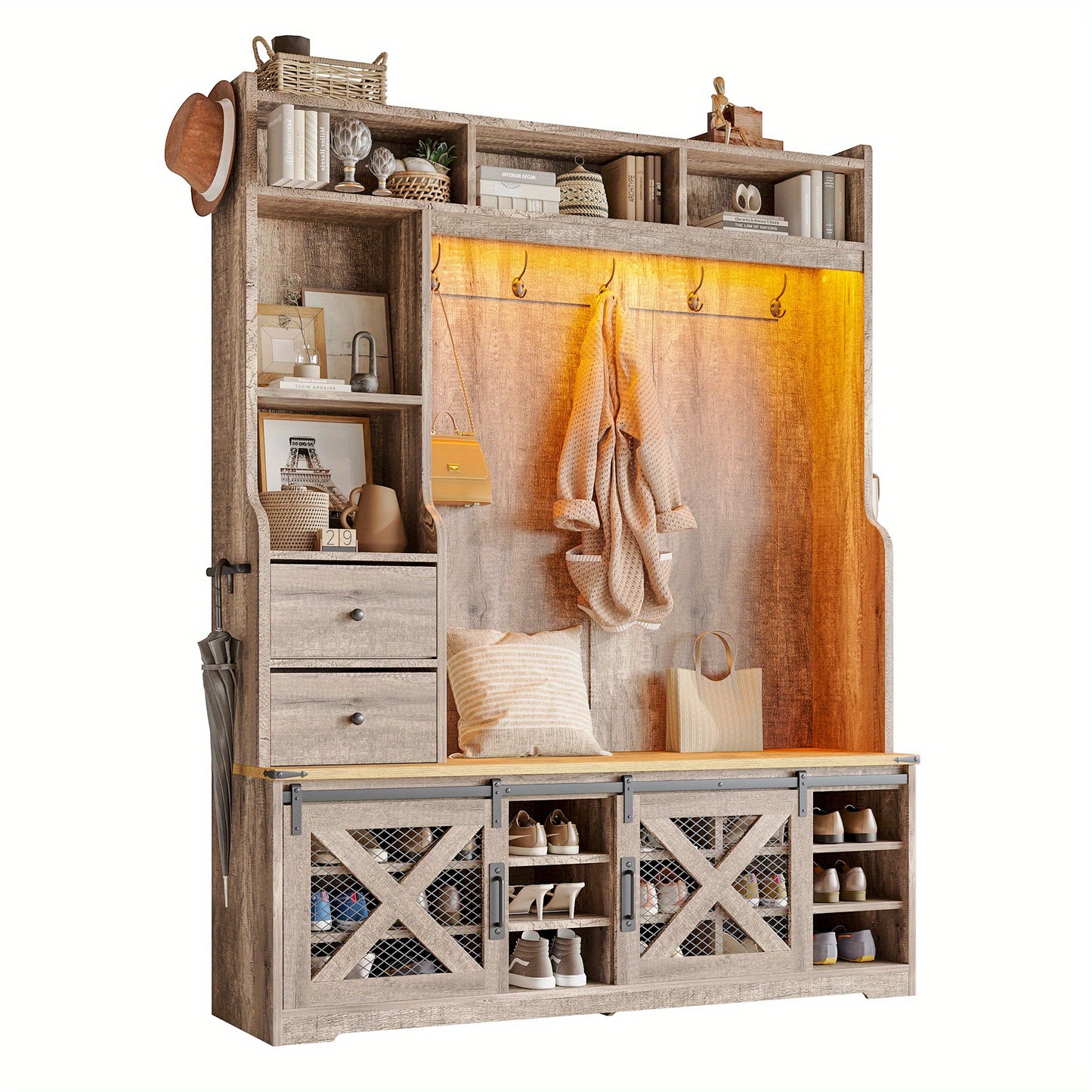 7-in-1 Farmhouse Hall Tree with Bench and Shoe Cabinet, LED Entryway Organizer with Drawers, 12 Shoe Cubbies& Barn Doors, 7 Coat Racks with Shoe Storage