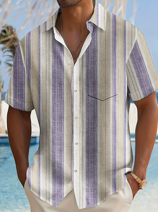 Men's Casual Short Sleeve Shirt with Full-Body Digital Print - Striped Design, Regular Fit, Button Front, All-Season Versatile Top for Casual Outings