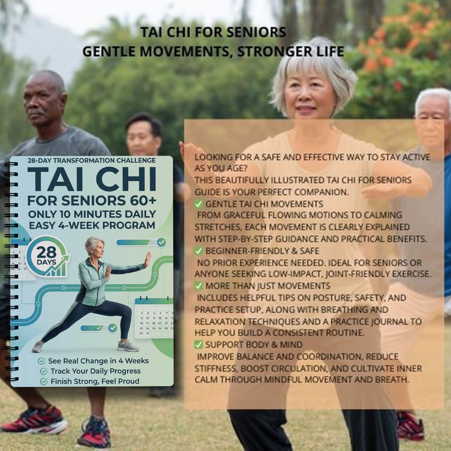 1 Tai Chi Exercise Manual for Elderly and Beginners | Suitable for Daily Practice and Fitness, Progressive Tai Chi Guidance, Spiral Bound, Ideal Gift for Parents, Transparent Paper