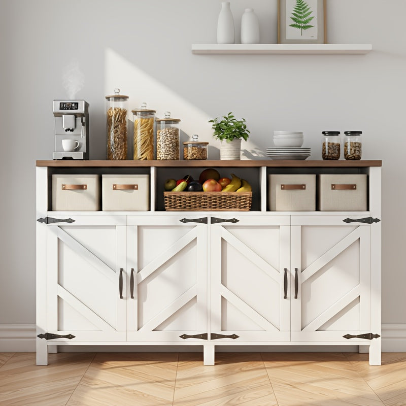 A Storage Cabinet Designed in a Farmhouse Style Featuring a Fishbone Pattern, Equipped with Seven Compartments And a Door Frame. Ideal for Use in Kitchens, Dining Areas, Storage Rooms, And As a Dressing Table in Bedrooms