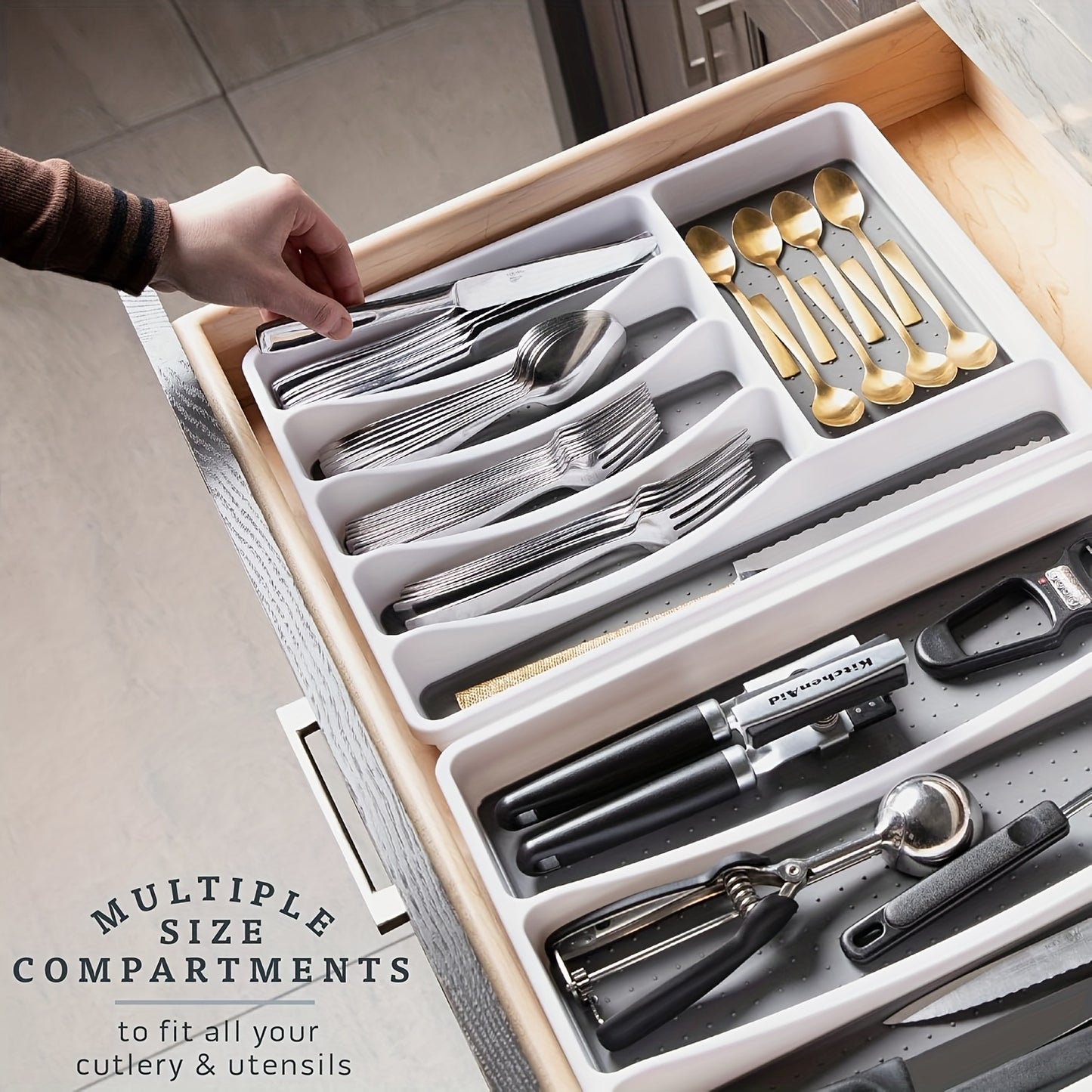 No-Slip Silverware Tray Organizer with 9-Section Deep Drawer Storage - Durable Plastic Kitchen Utensil & Cutlery Holder, Space-Saving Design for Entire Drawer, Easy Insert Installation, White & Gray, Kitchen Drawer Organizer,