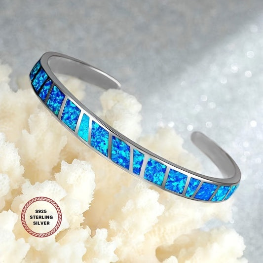 925 Sterling Silver Vintage Blue Opal Open Bracelet - Adjustable Chain, Elegant Multifunctional Jewelry for Daily Wear or Parties, Classic Style, Durable Bracelet, Party Accessory | Vintage Style Bracelet | Adjustable Bracele