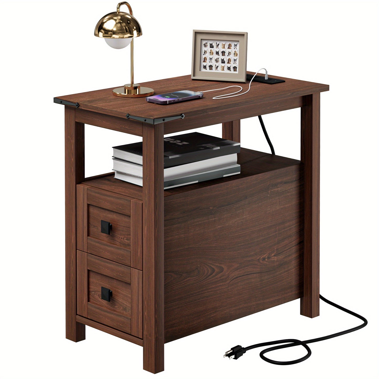 2-Drawer Slim Space-Saving Retro Coffee Table Suitable for Small Spaces - Narrow Sofa Side Table & Bedside Table with Drawers, Assembly, Modern Minimalist Design for Living Room, Bedroom or Office (Available in White/Blue/Che