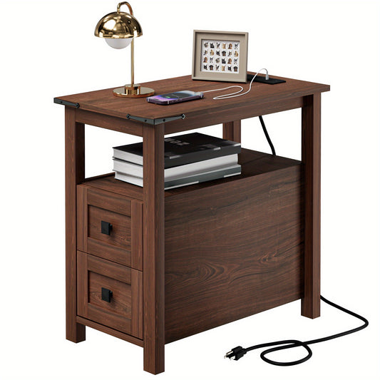 2-Drawer Slim Space-Saving Retro Coffee Table Suitable for Small Spaces - Narrow Sofa Side Table & Bedside Table with Drawers, Assembly, Modern Minimalist Design for Living Room, Bedroom or Office (Available in White/Blue/Che