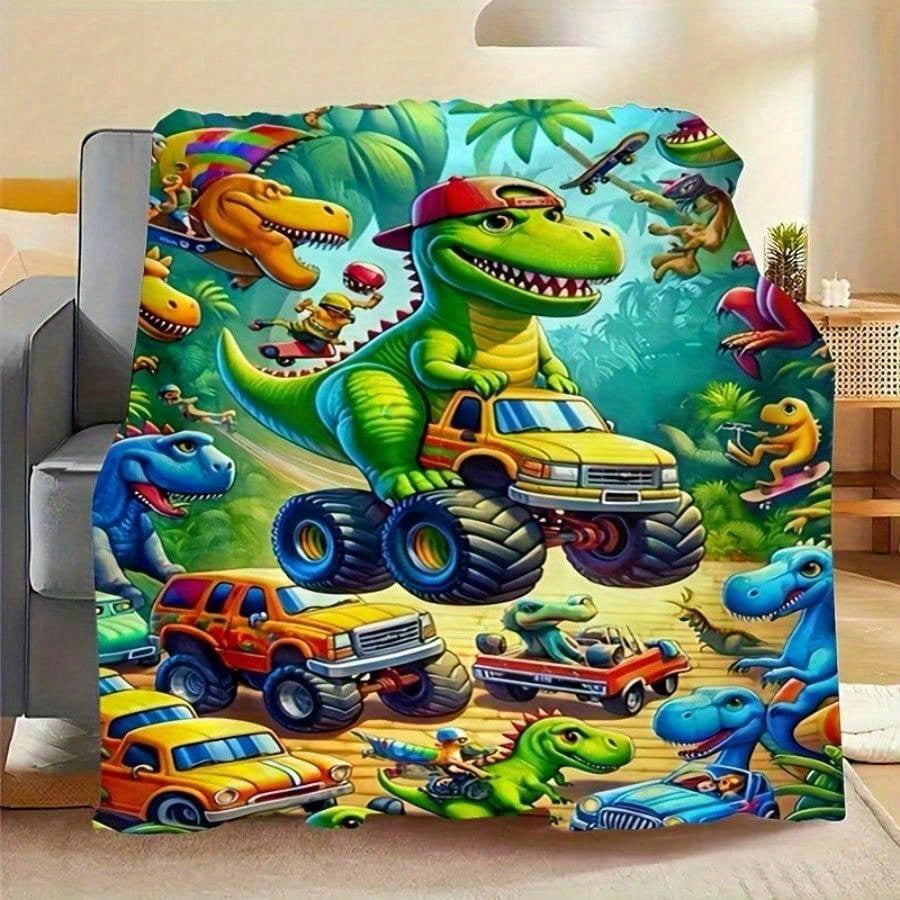 Vibrant Dinosaur Truck Flannel Blanket - 280gsm Heavyweight 100% Polyester All-Season Soft & Durable, Cartoon Dinosaur Design with T-Rex, Triceratops