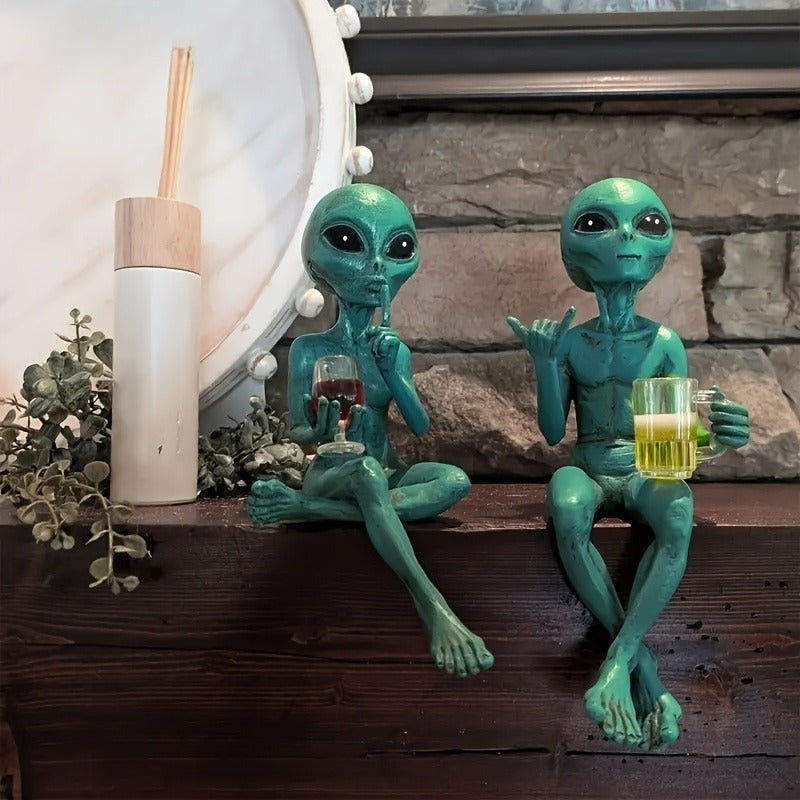 2pcs Green Alien Drinking Resin Sci-Fi Figurines, Space-Themed  Unique Gift for SF Fans
