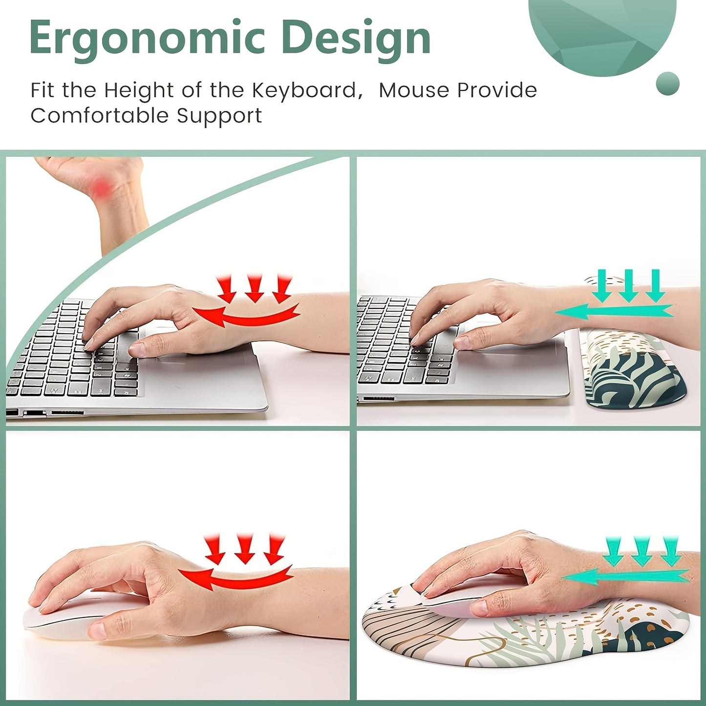 Wrist Support Desk Set - Non-Slip Mouse Pad & Keyboard Rest with Green Palm Leaf Design in Beige/Green/White/Golden - Soft Typing Mat & Coasters for Home Office, Computer, Laptop - Posture-Correct Writing Accessory