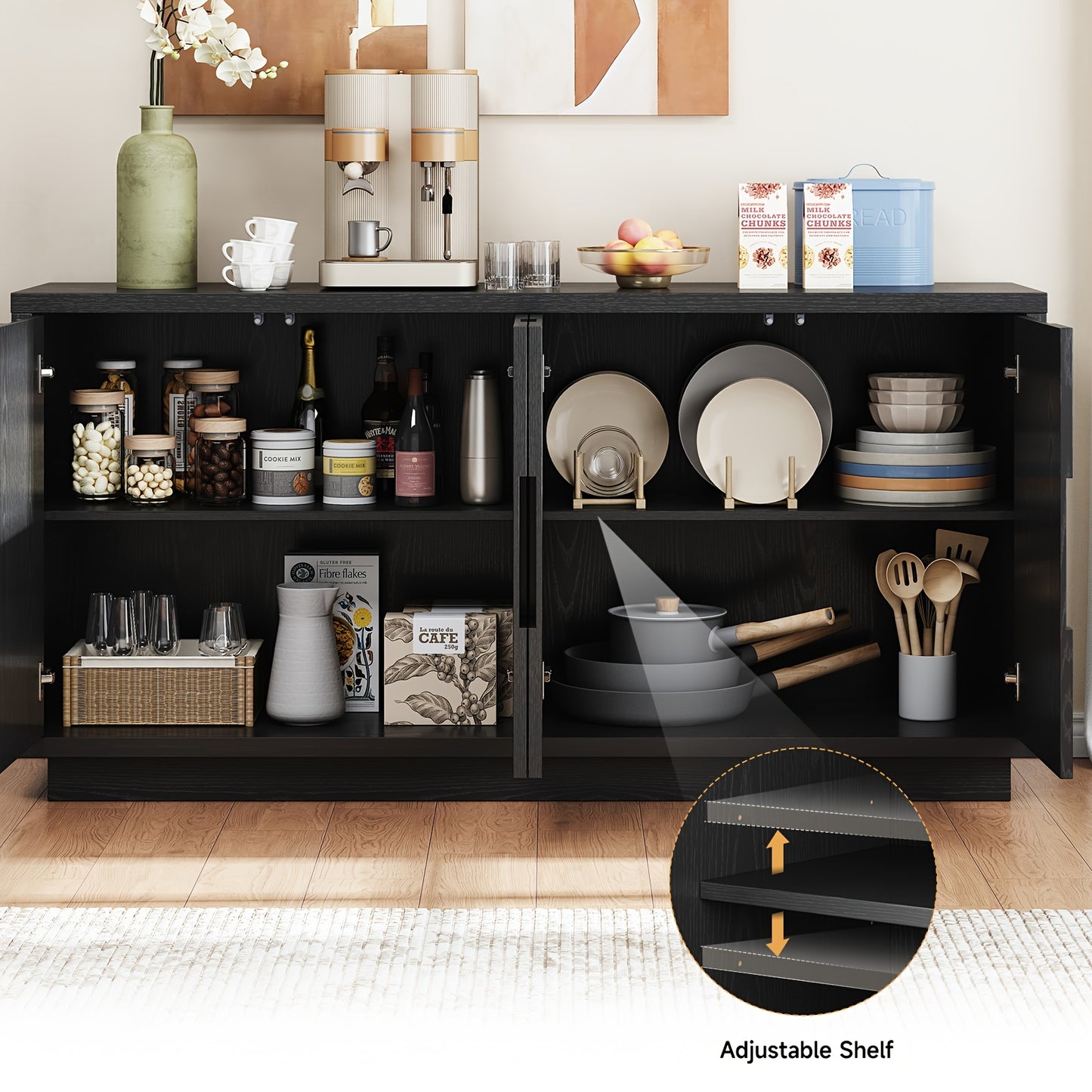 60" Mid-Century Modern Farmhouse Buffet Cabinet - Stylish & Functional Storage Credenza with Coffee Bar Station, Adjustable Shelving & Artisan-Crafted Asymmetric Design for Living Room Kitchen Entryway, Black