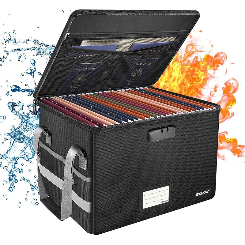Fireproof Document Storage Cabinet with Lock - Heavy-Duty Collapsible File Organizer Box with Mesh Pockets & Hanging System, Portable File Cabinet with Handle for Home Office, Legal/Letter Folders, Secure Locking Mechanism, S
