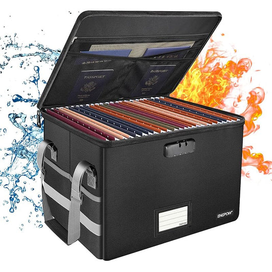 Fireproof Document Storage Cabinet with Lock - Heavy-Duty Collapsible File Organizer Box with Mesh Pockets & Hanging System, Portable File Cabinet with Handle for Home Office, Legal/Letter Folders, Secure Locking Mechanism, S