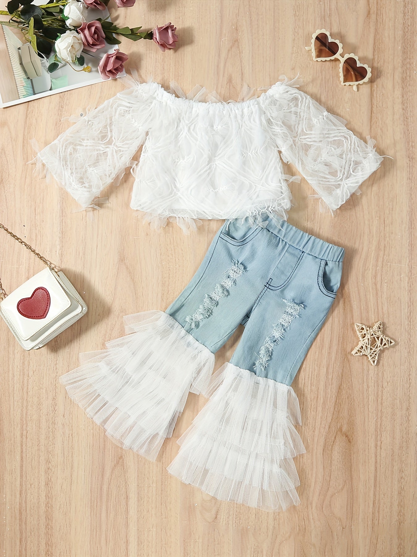 White Lace Off-The-Shoulder Top with Faux Denim Bell Bottom Faux Denim, Tulle Trim Halloween Christmas Outfit, for Outdoor