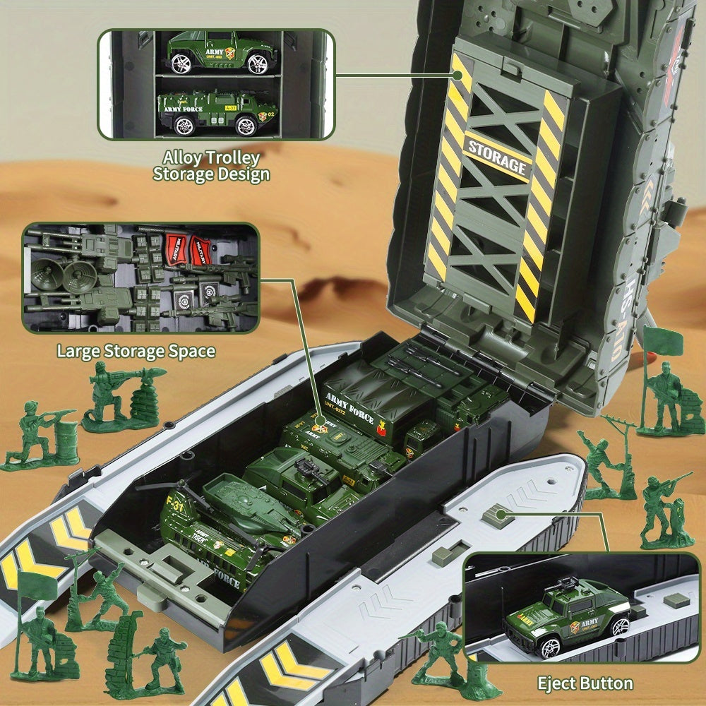 A Military Vehicle Set, Featuring Combat Tank Toys with Realistic Lights And Sounds, Includes 6 Mini Alloy Military Vehicles And Soldier Figurines, Making It a Perfect Gift for Kids.