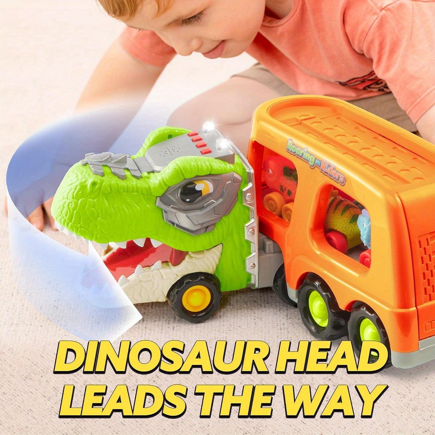 Dinosaur Truck toy for Kids, Dinosaur Car Carrier Truck with 6 Rubber Car Vehicles, Birthday Party Gifts with Music & Lights for boys and girls