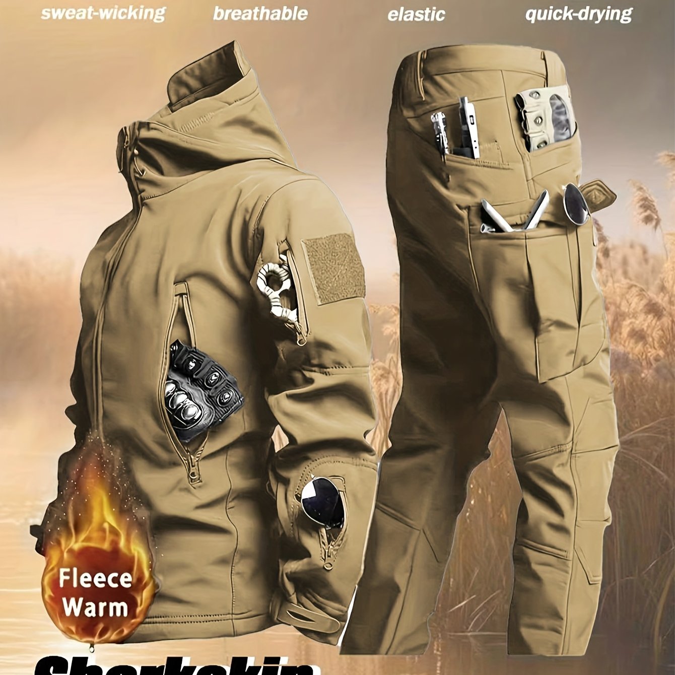 Men'S Autumn and Winter New Thickened Two-Piece Windproof Jacket Hoodie with Multiple Pockets, Elastic, Warm, Suitable for Hiking, Skiing, Fishing, Outdoor Sports Gear | Tactical Style | Breathable Fabrics, Winter Sports Gear