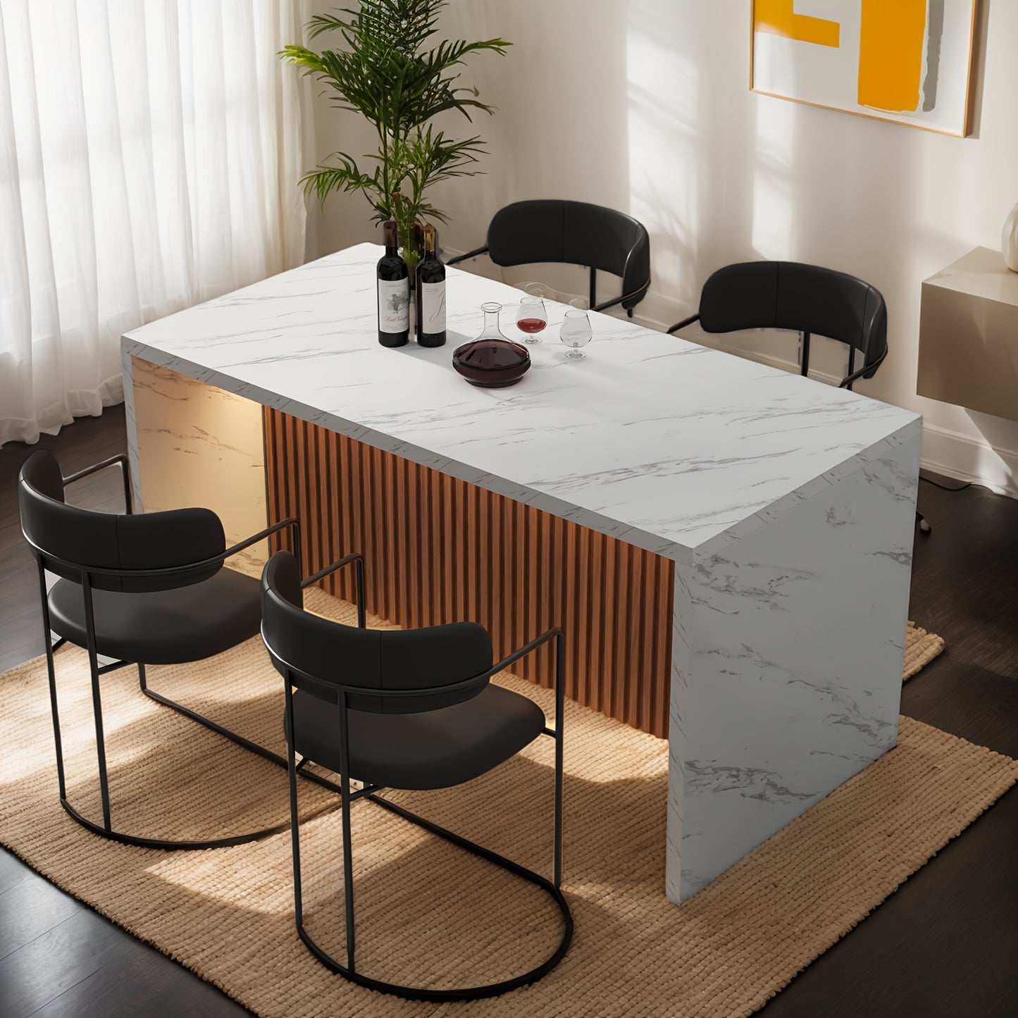 Spacious Faux Marble Dining Table Suitable for 4 to 6 Individuals, Measuring 63 Inches, Featuring a Contemporary Striped Marble Design with a Grill Pattern, Perfect for The Dining Or Living Area, And Easy to Assemble.