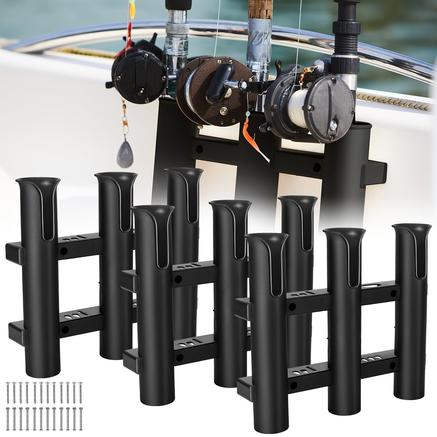 3pcs Fishing Rod Holder Bracket Tube 3 Rod Rack Wall Mounted 10.63 Inch Fishing Pole Holders for Boats with Screws Nuts Side Mount for Boat Truck Kayak Garage (Black)