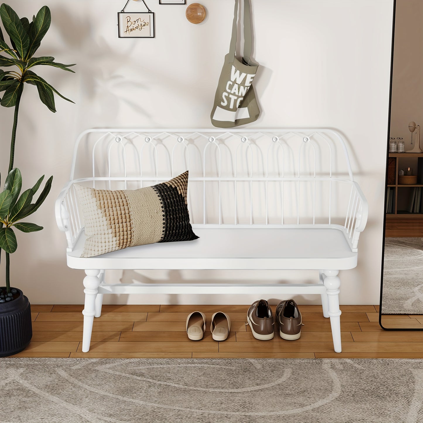 Rustic Farmhouse Entryway Bench with Backrest - Solid Hardwood & MDF Construction, 27" Tall Freestanding Bench with Armrests, Mixed Color Finish for Living Room, Mudroom, Entryway Storage, Entryway Bench, Mudroom Furniture, C