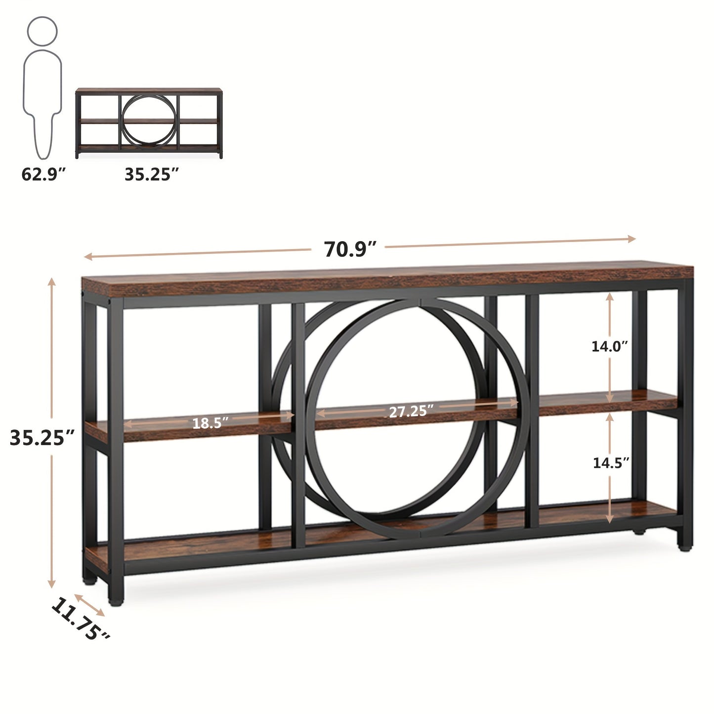LITTLE TREE 70.9 inch Sofa Console Table, Extra Long Narrow Entryway Tables with 3 Tier Wood Storage Shelves Metal Frame for Foyer Hallway Living Room Behind Couch