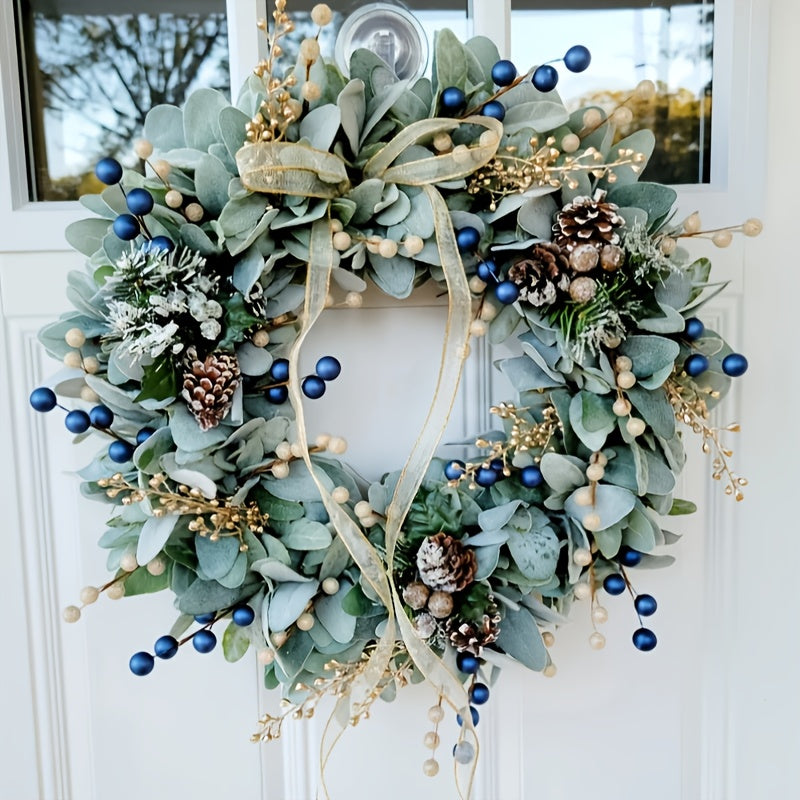 16-Inch Blue Eucalyptus Wreath with Golden Sheep Ears & Pine Cones - Elegant Front Door Decoration, Durable Plastic Faux Foliage for Year-Round Use, Christmas, Halloween, Housewarming Gift - Easy to Hang, No Maintenance Requi